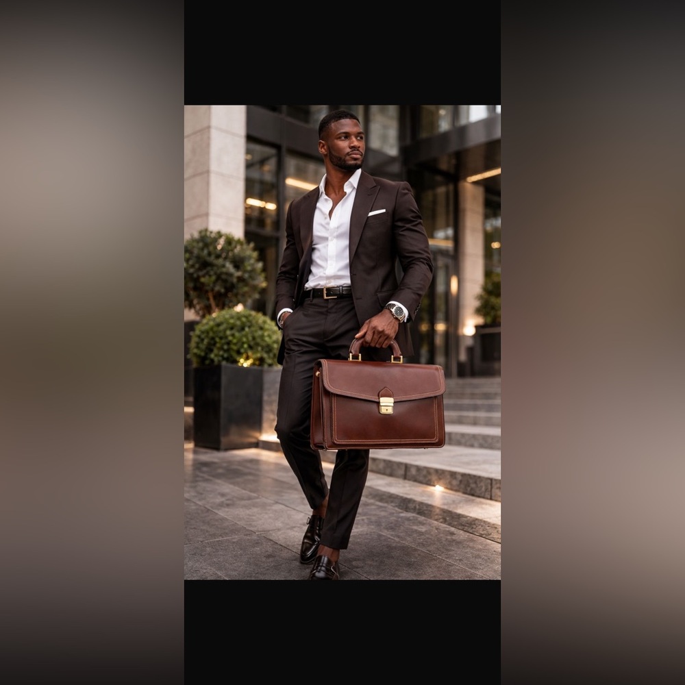 Men's Brown Leather Briefcase - Classic Professional Work Bag